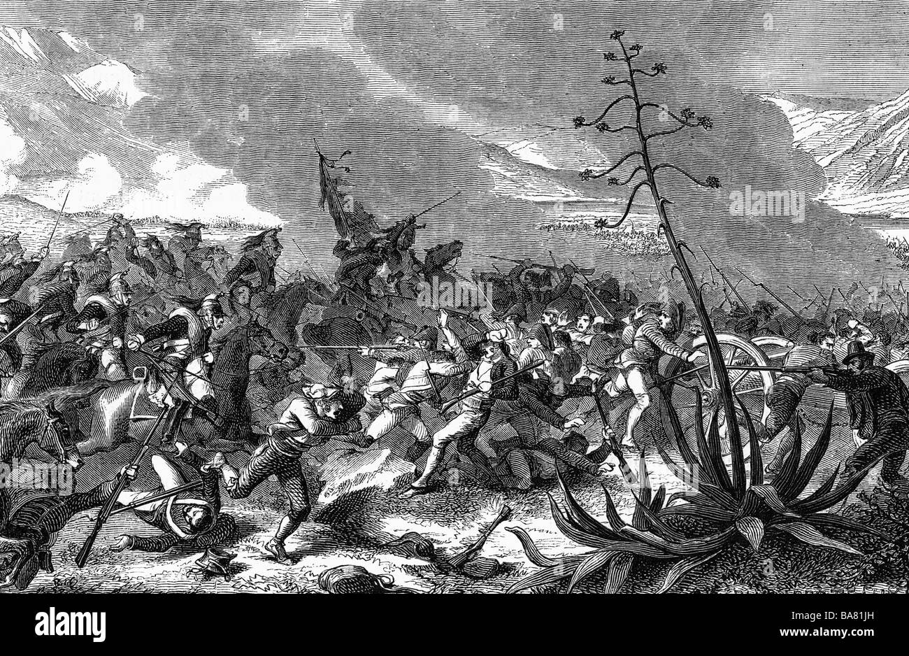 events, Peninsula War 1808 - 1814, Battle of Medellin, 28.3.1809, charge of French cavalry, wood engraving, 19th century, soldiers, military, Spanish, cuirassiers, Napoleonic Wars, historic, historical, people, Stock Photo