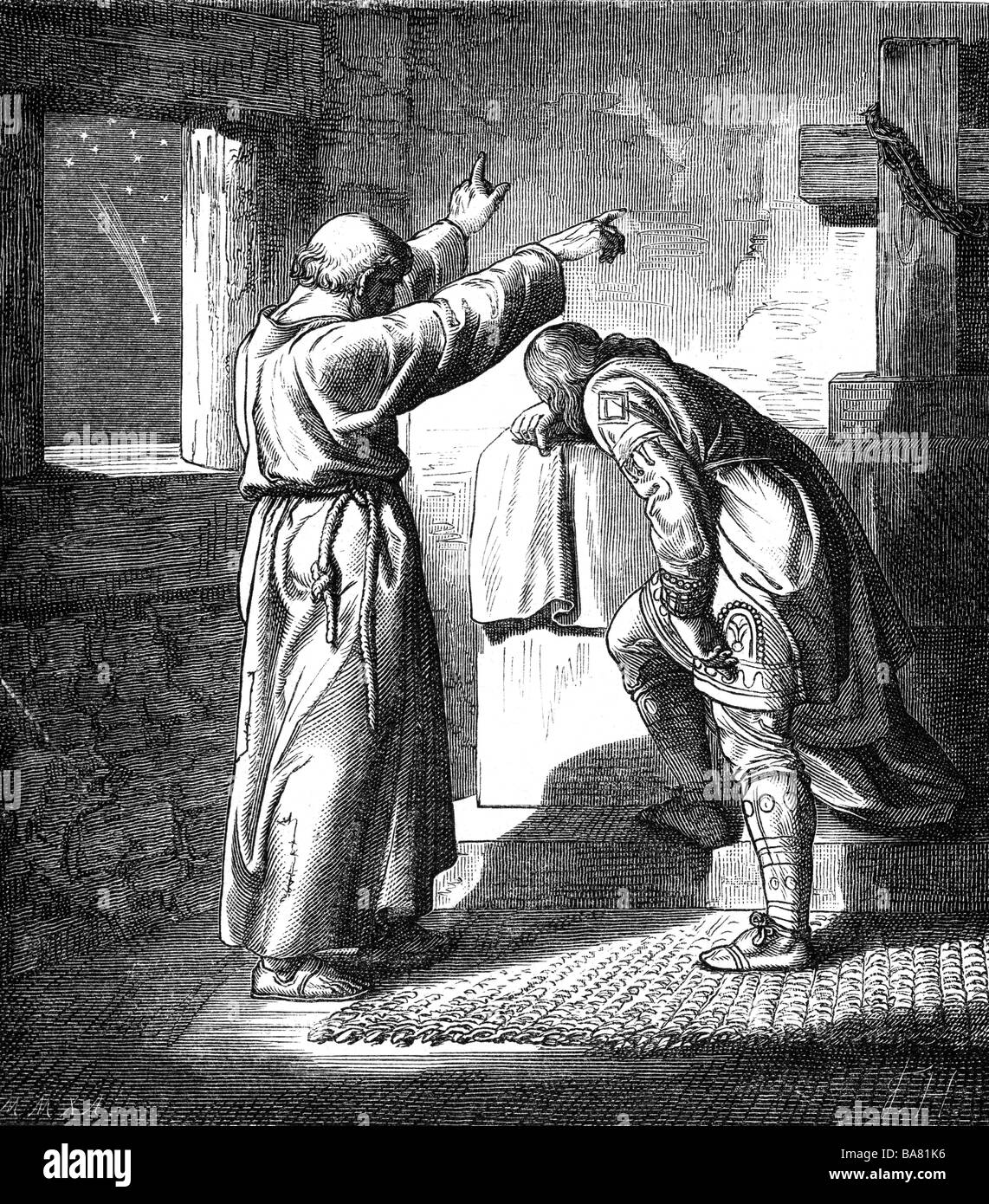 Nilus of Rossano, circa 910 - 26.9.1004, Italian clergyman, Saint, impending Emperor Otto III, Monte Cassino, 999, wood engraving, Germany, 19t century, , Stock Photo