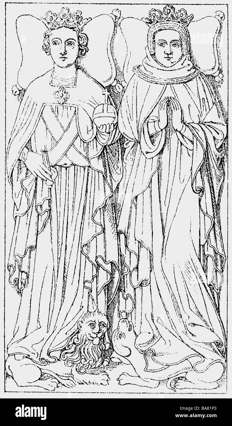 Rupert I, 5.5.1352 - 18.5.1410, King of Germany 21.8.1400 - 18.5.1410, with wife Elizabeth of Nuremberg, tomb, Heidelberg, wood engraving, 19th century, , Stock Photo