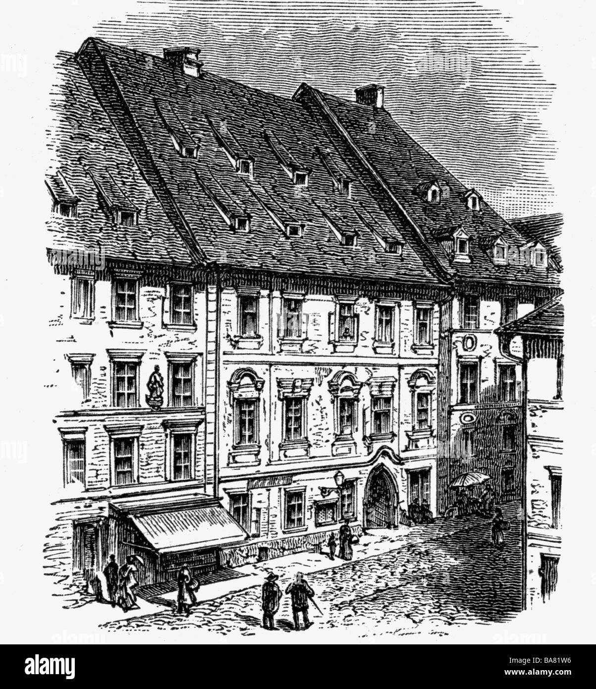 geography / travel, Czechia, Cheb, Pachelbel House, exterior view, wood engraving, late 19th century, Eger, house where Albrecht von Wallenstein was murdered, Bohemia, Dual Monarchie, Austria-Hungary, historic, historical, people, Stock Photo