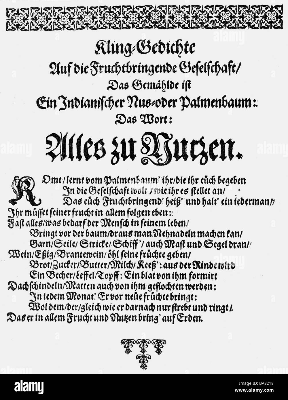 literature, poetry societes, Fruitbearing Society (Fruchtbringende Gesellschaft), poems on the Fruitbearing Society, title, Germany, woodcut, 17th century, , Stock Photo