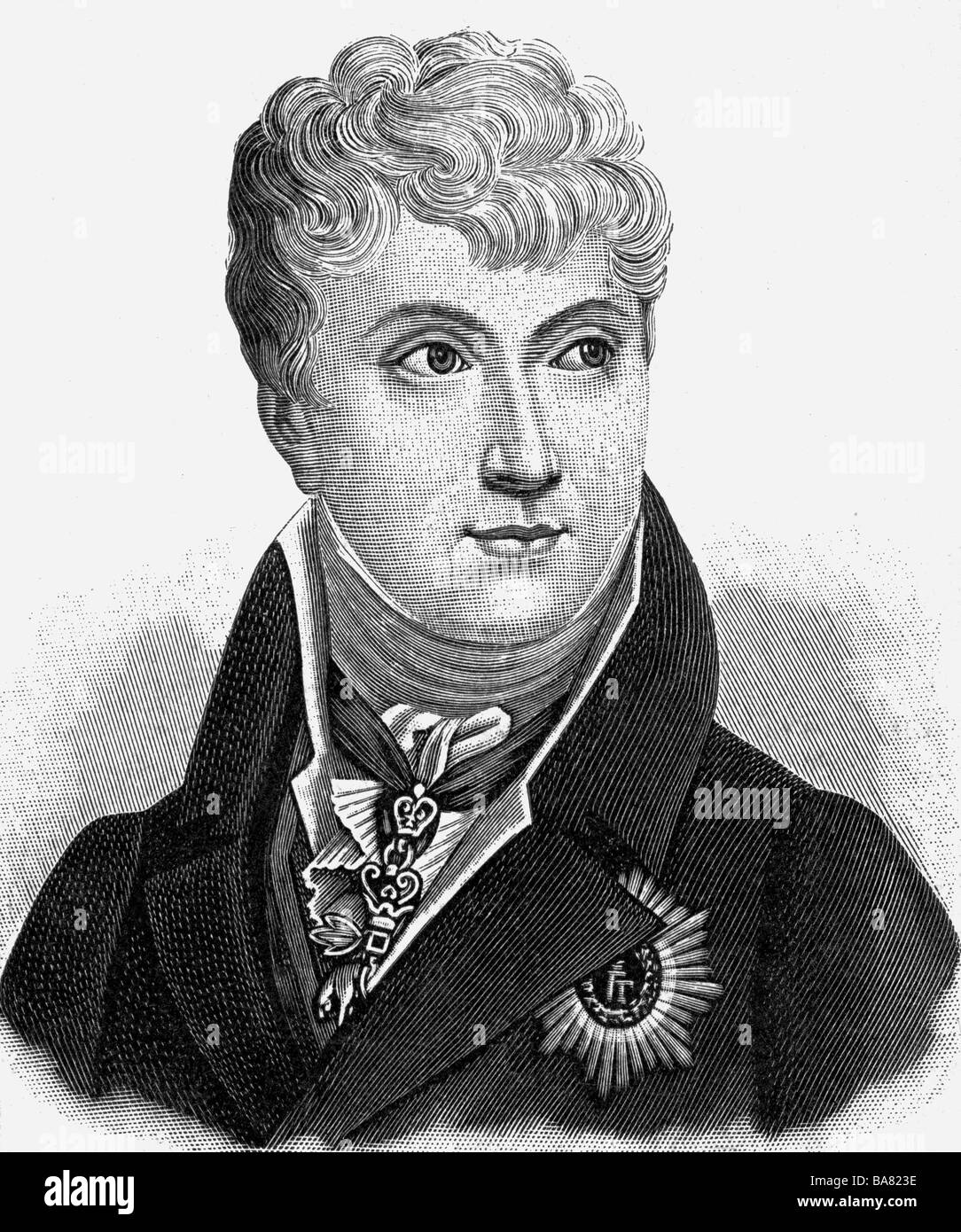 Metternich, Klemens Wenzel Prince, 15.5.1773 - 11.6.1859, Austrian politician, Foreign Minister 8.10.1808 - 13.3.1848, portrait, copper engraving by Fleischmann, circa 1815, , Artist's Copyright has not to be cleared Stock Photo