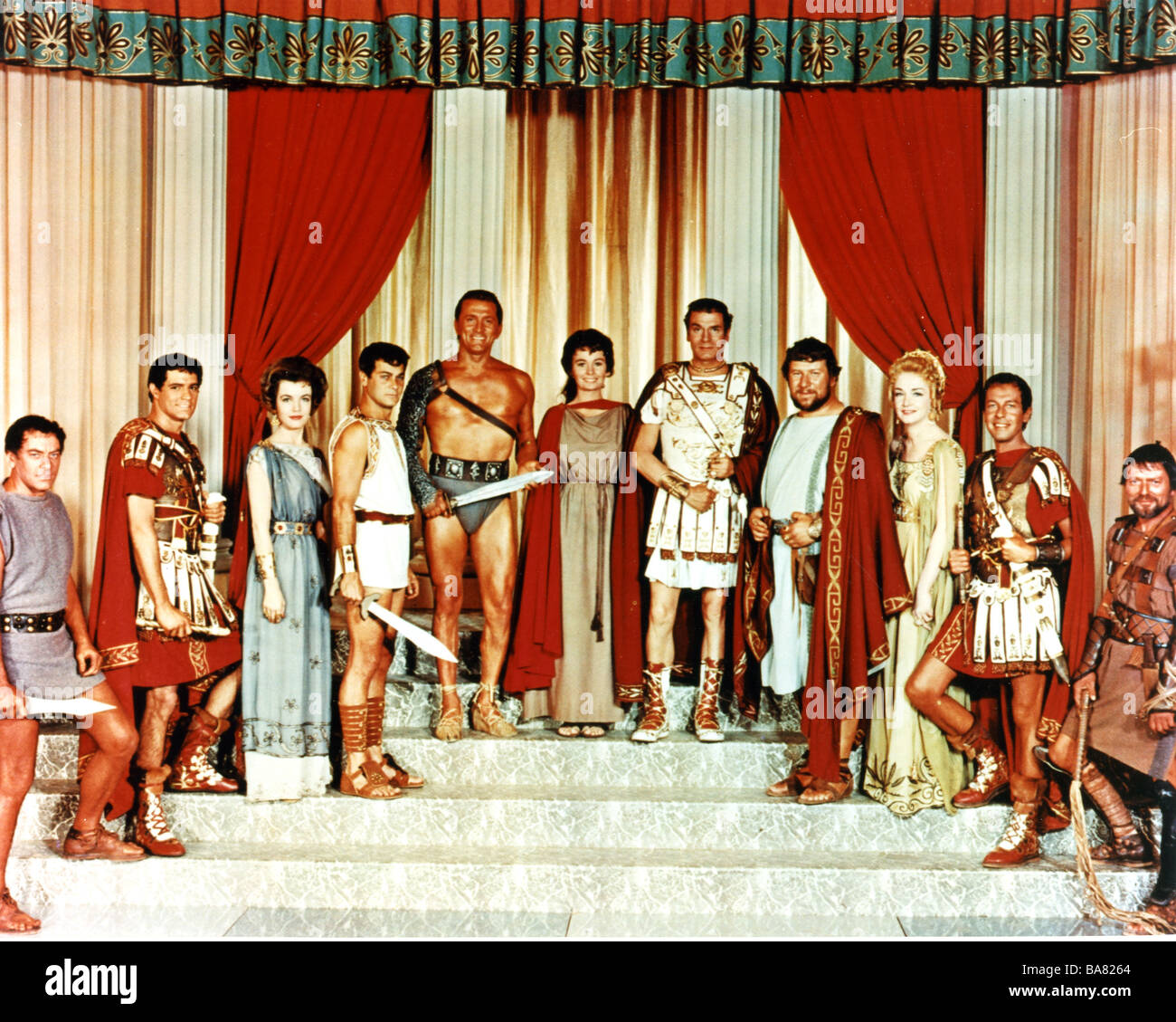 SPARTACUS  1952 RKO film. Principals from l: Tony Curtis in white, Kirk Douglas, Jean Simmons, Laurence Olivier, Peter Ustinov Stock Photo