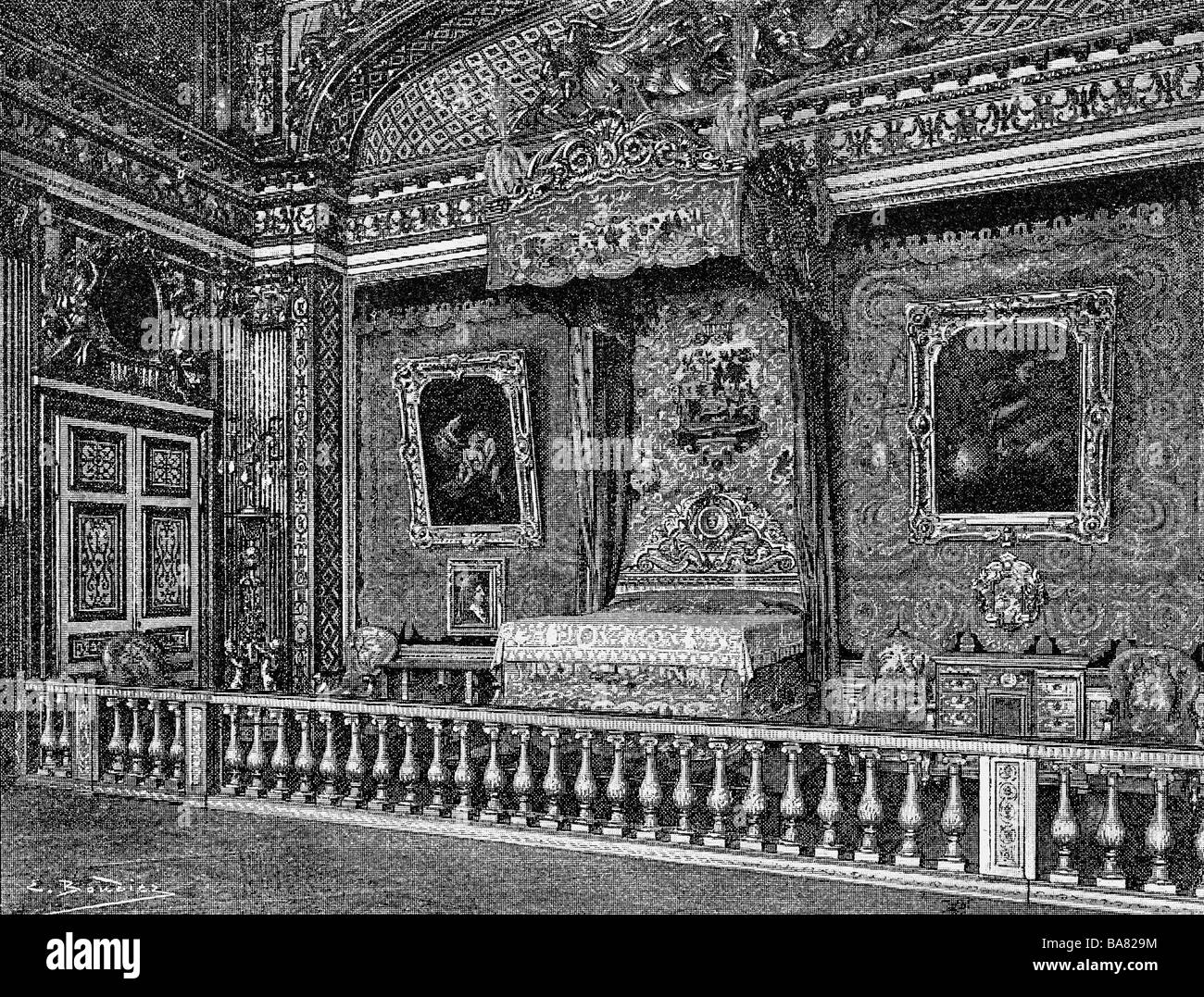 architecture, castles, Versailles Palace, interior view, sleeping room of King Louis XIV, wod engraving, 19th century, bed, Bourbon, historic, historical, Stock Photo