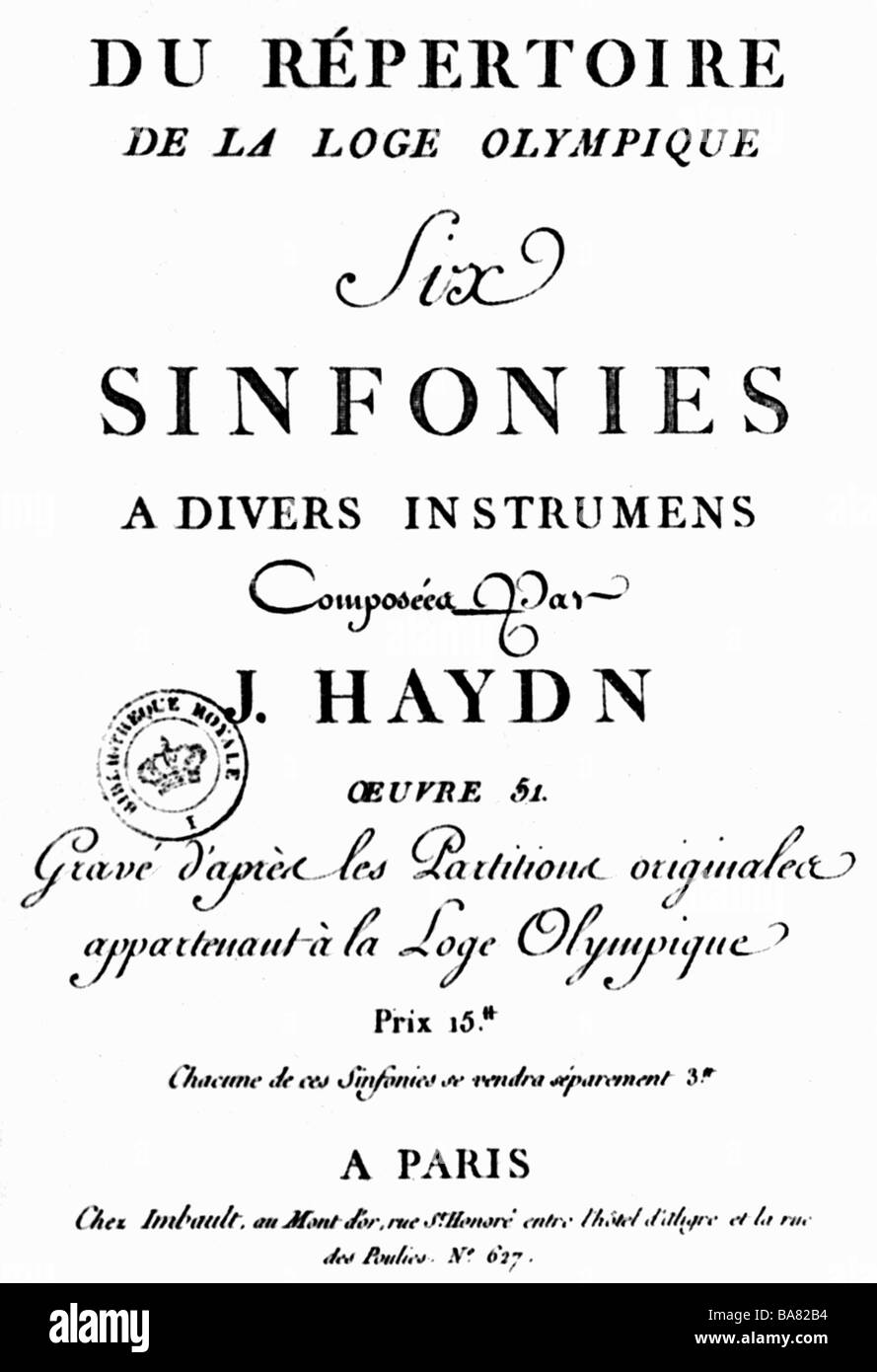 Haydn, Joseph, 31.3.1732 - 31.5.1809, Austrian composer, works, oratory, 'Six Symphonies', title, Paris, 1785/1786, , Stock Photo