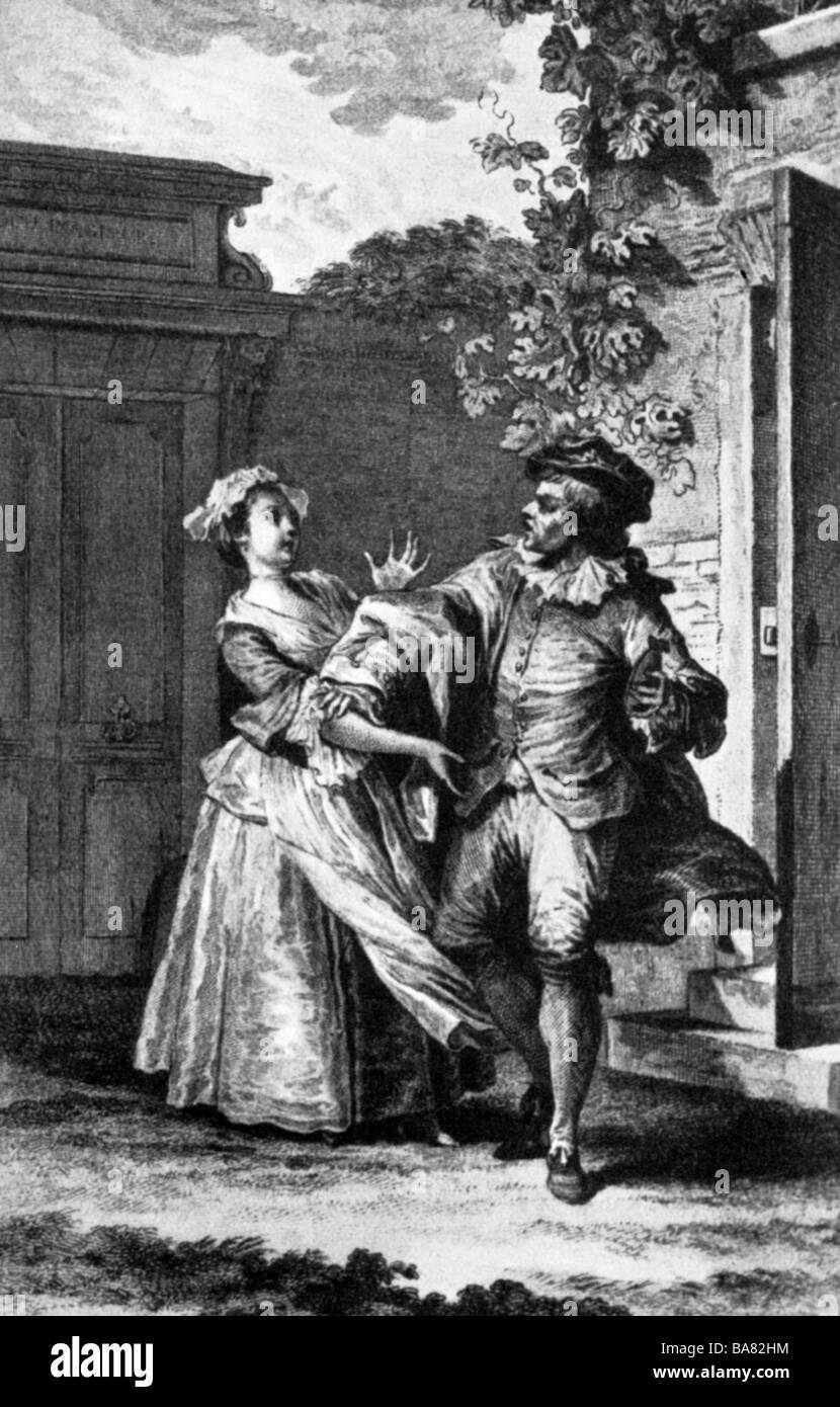 Moliere, 15.1.1622 - 17.2.1673, French author / writer, works, "Sganarelle, or the Imaginary Cuckold", 1671, scene, copper engraving, 17th century, Artist's Copyright has not to be cleared Stock Photo