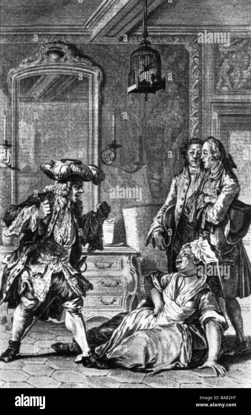 Moliere, 15.1.1622 - 17.2.1673, French author / writer, works, 'The Bourgeois Gentlemen', 1670, scene, copper engraving, 17th century, Artist's Copyright has not to be cleared Stock Photo