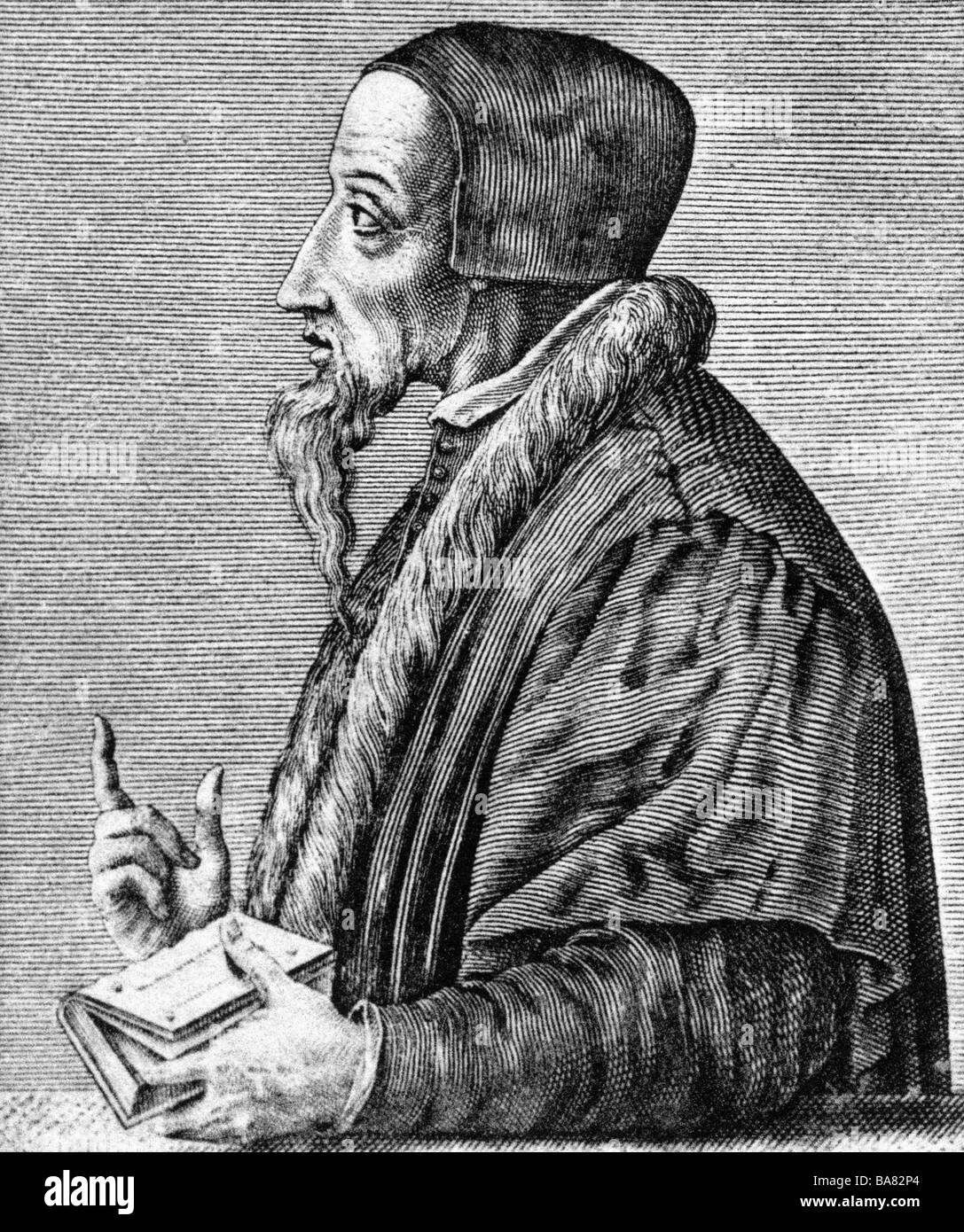 Calvin, John, 10.7.1509 - 27.5.1564, French reformer, half length, copper engraving by J. Granthomme, 16th century,  , Artist's Copyright has not to be cleared Stock Photo