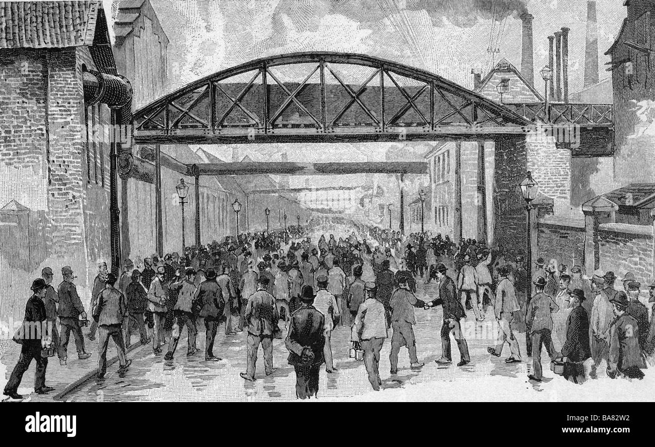 industry, metal, Krupp, workers, beginning of shift, Limbecker Chaussee, Essen, wood engraving, 1891, Stock Photo