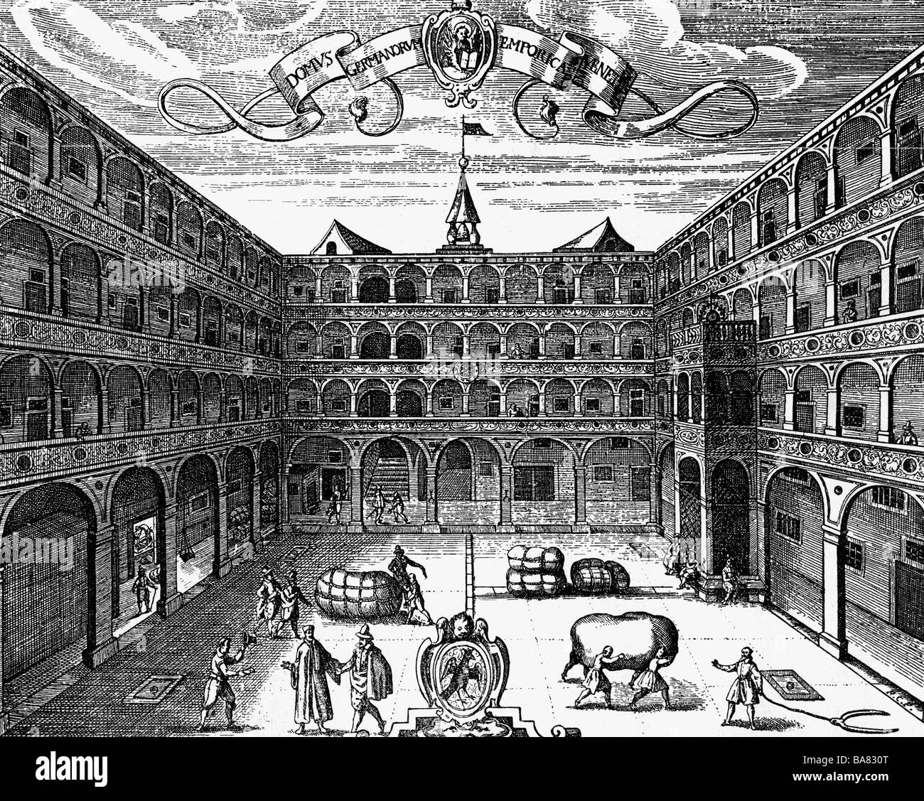 geography / travel, Italy, Venice, Fondaco dei Tedeschi, inne court, copper engraving, 16th century, quarters of the German merchants, trade, Germany, historic, historical, people, Artist's Copyright has not to be cleared Stock Photo