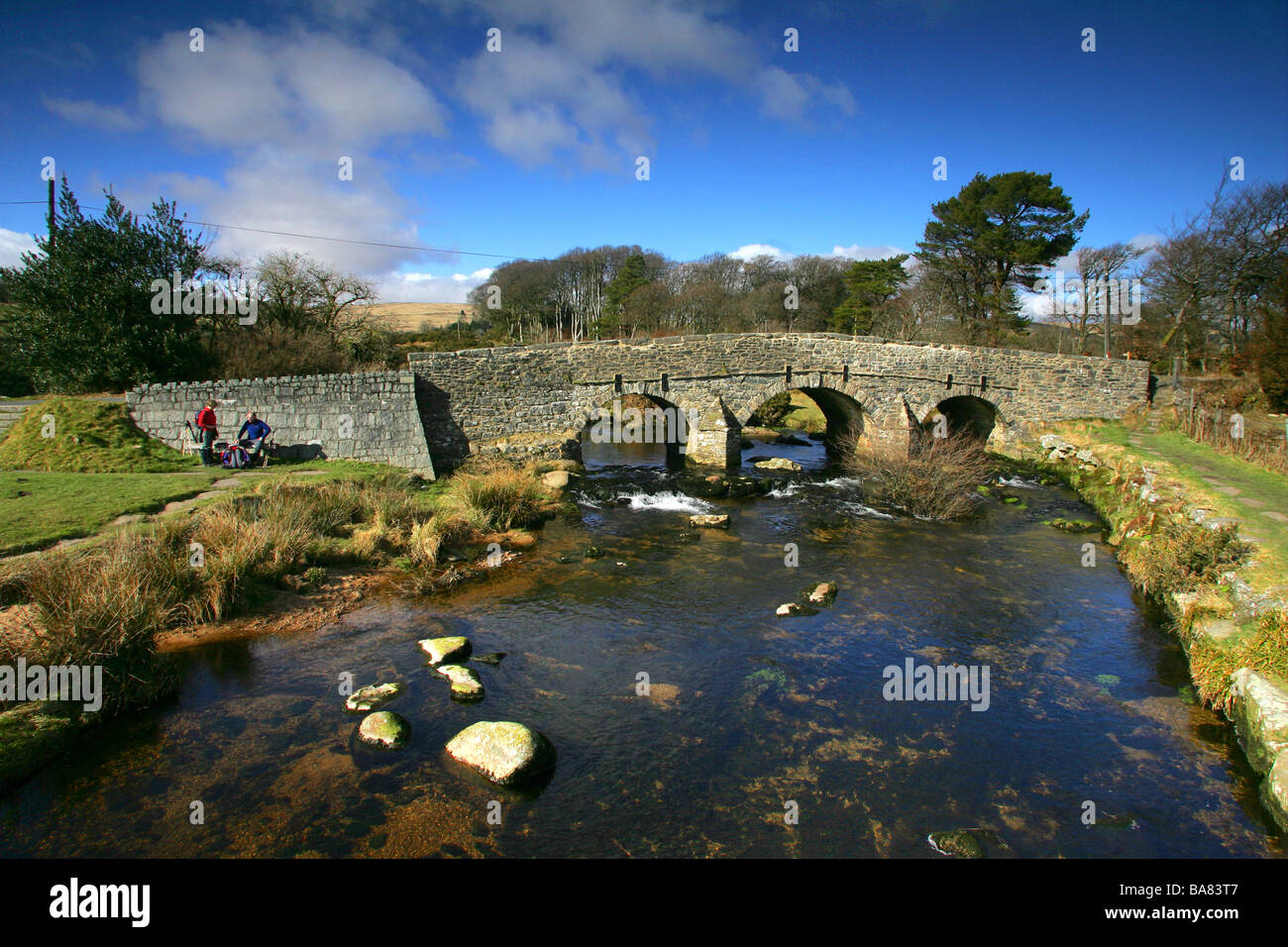 Clapper bridge, Postbridge, Dartmoor. Stock Photo