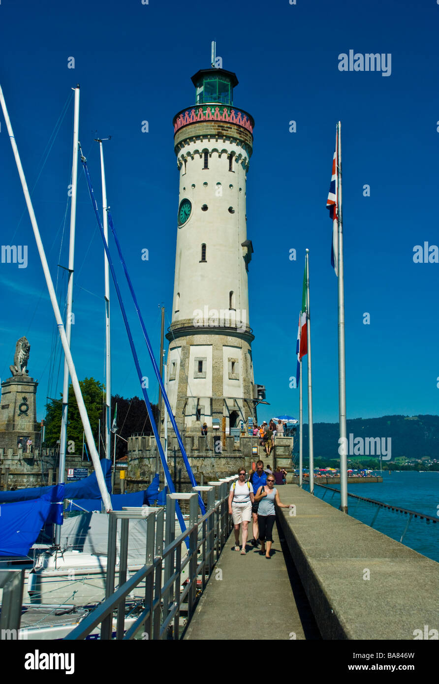 Lighthouse in yacht harbor and historical old town in Lindau Lake Constanze Germany Stock Photo
