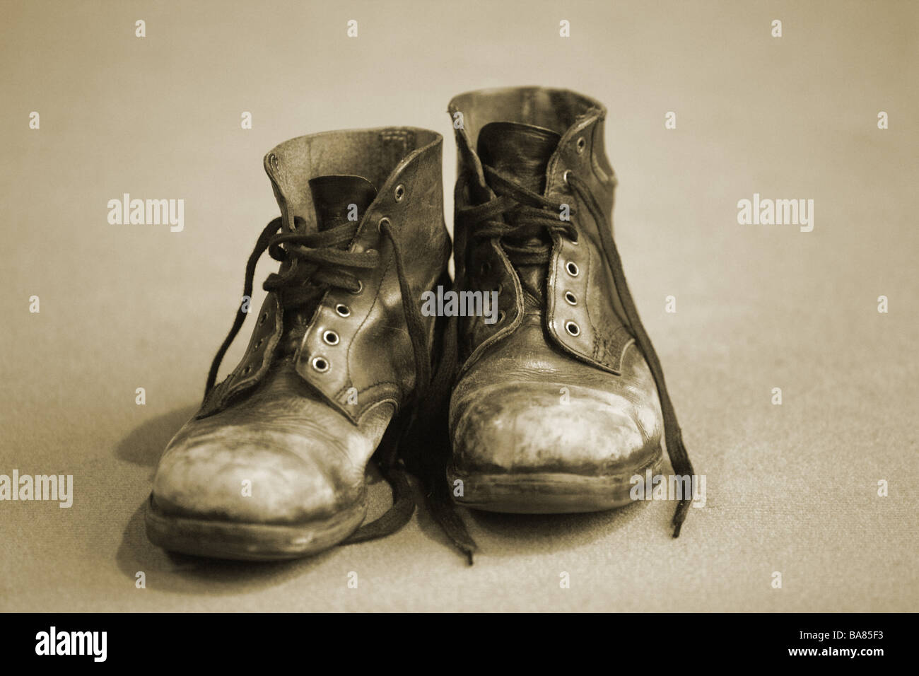 Traveling-shoes old quietly life s/w sepia Stock Photo