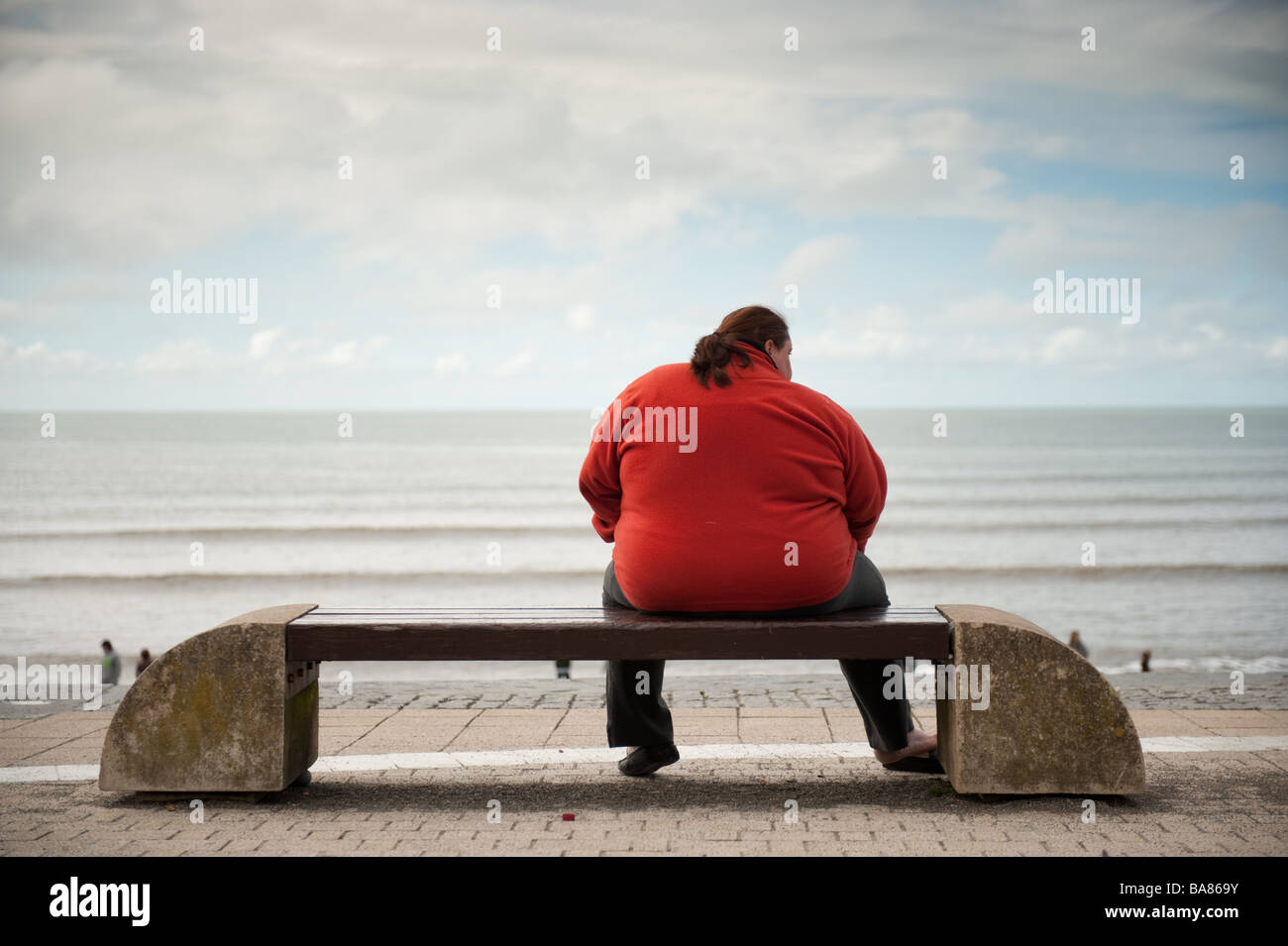 A rear view of an overweight large fat woman wearing red fleece sitting down by herself on a seaside bench alone UK Stock Photo