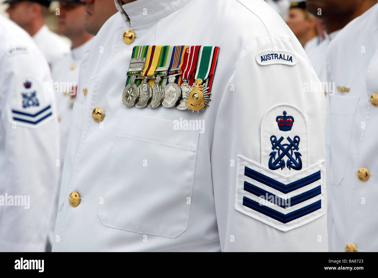 Medals on the chest of a member of the Australian Navy. Stock Photo