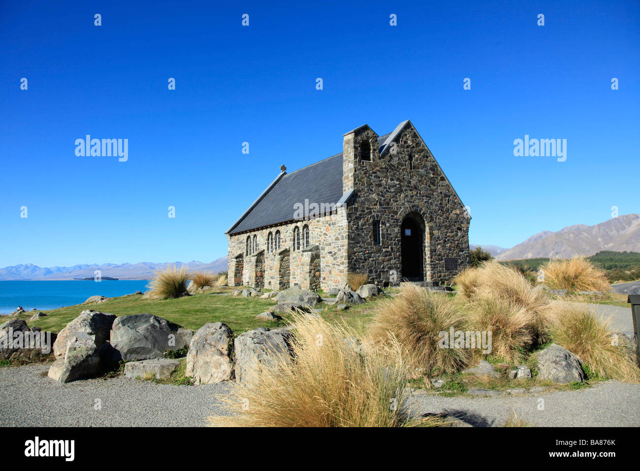 Iconic Church of the Good Shepherd on the banks of Lake Tekapo,Canterbury,South Island,New Zealand Stock Photo