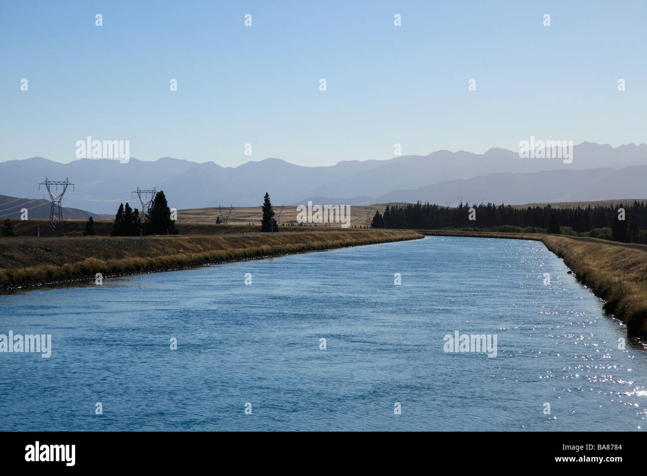 Fresh water canal for power generation,Canterbury,South Island,New Zealand Stock Photo