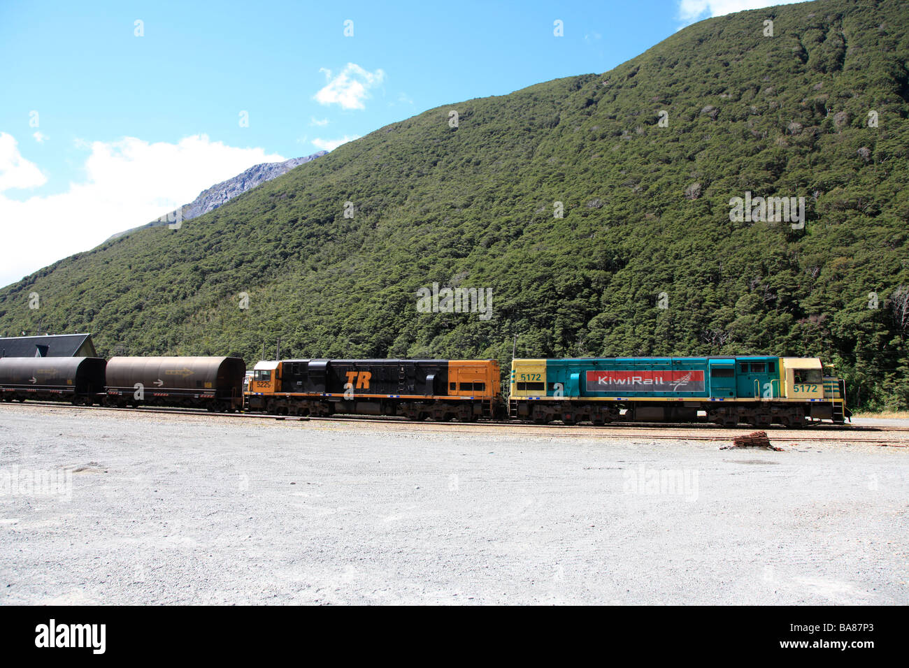 NZ rail coal train diesel engine,West Coast,South Island,New Zealand,Oceania Stock Photo