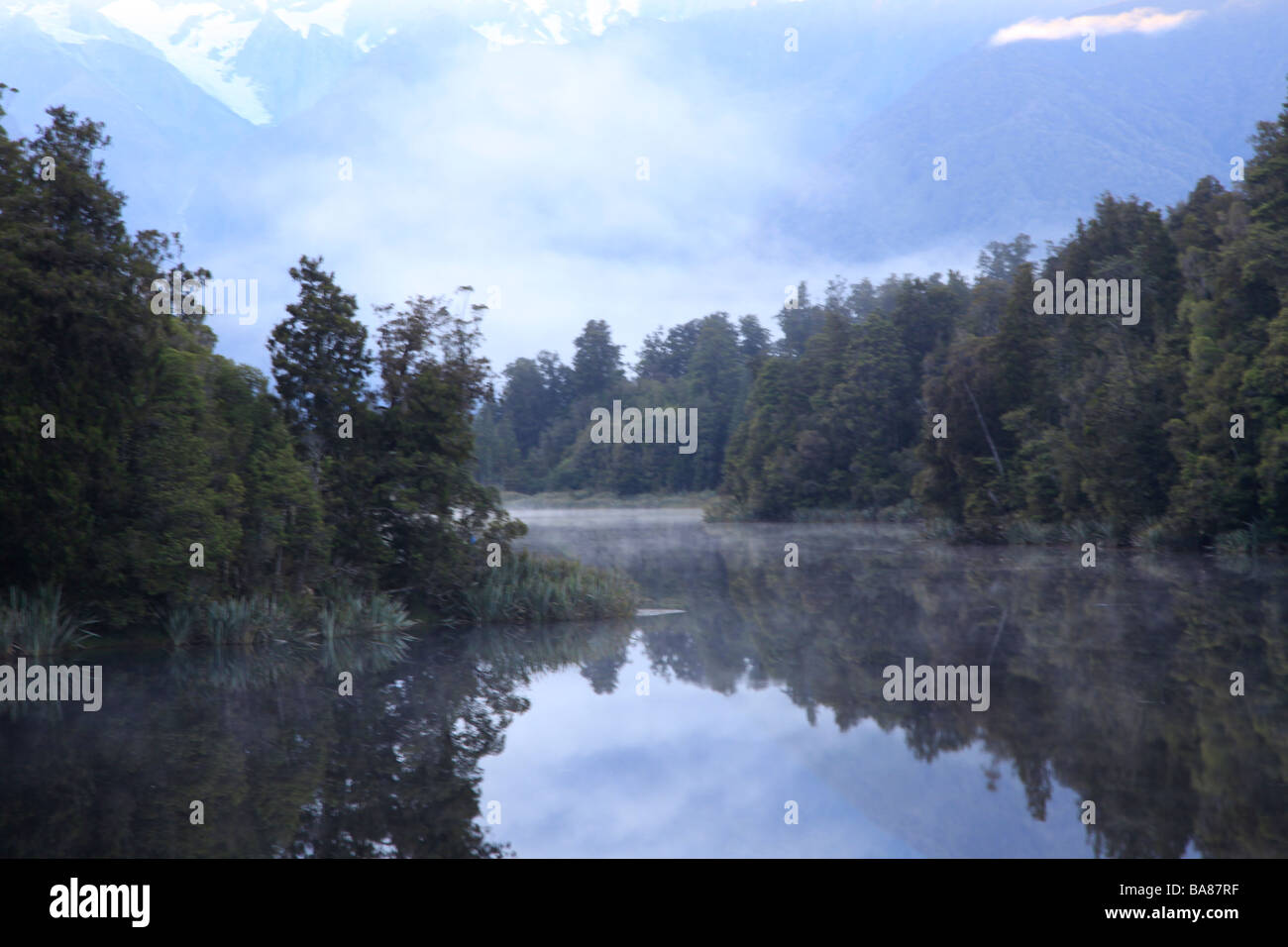 Native bush reflected in the still water of Lake Matheson, Franz Josef,West Coast,South Island,New Zealand,Oceania Stock Photo