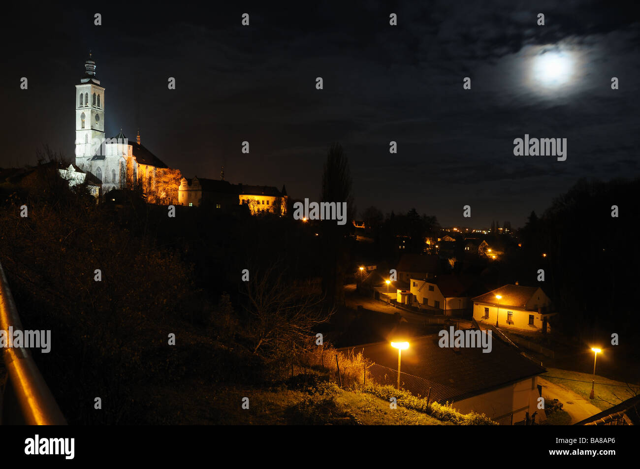 Night view of the valley of Vrchlice river in Kutná Hora. Stock Photo