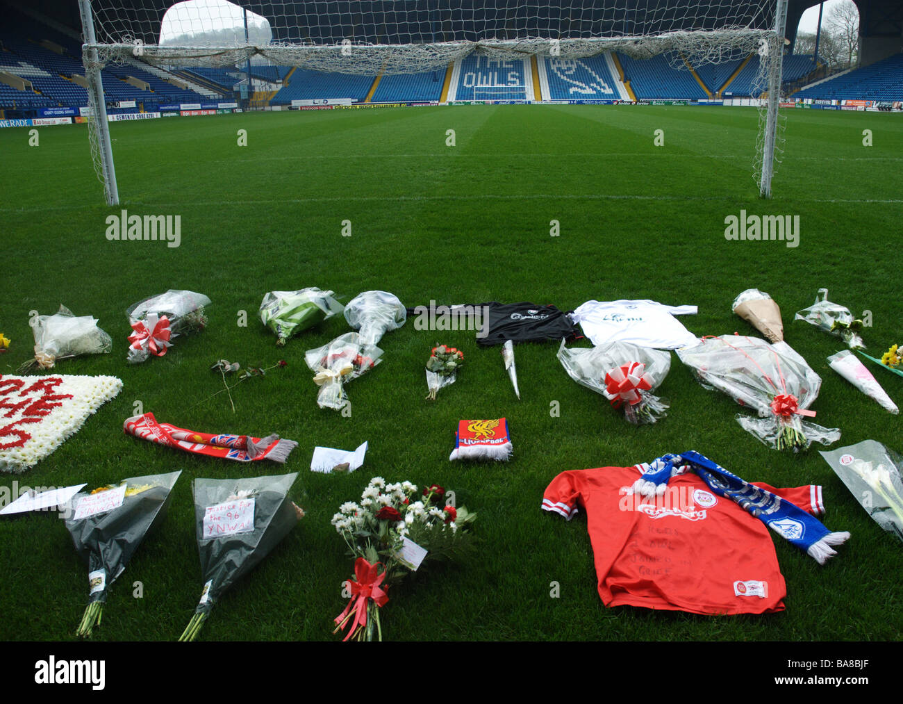 Flowers and shirts at the Leppings Lane End, Sheffield. Hillsborough memorial ceremony 20th year anniversary 15th April 2009 Stock Photo