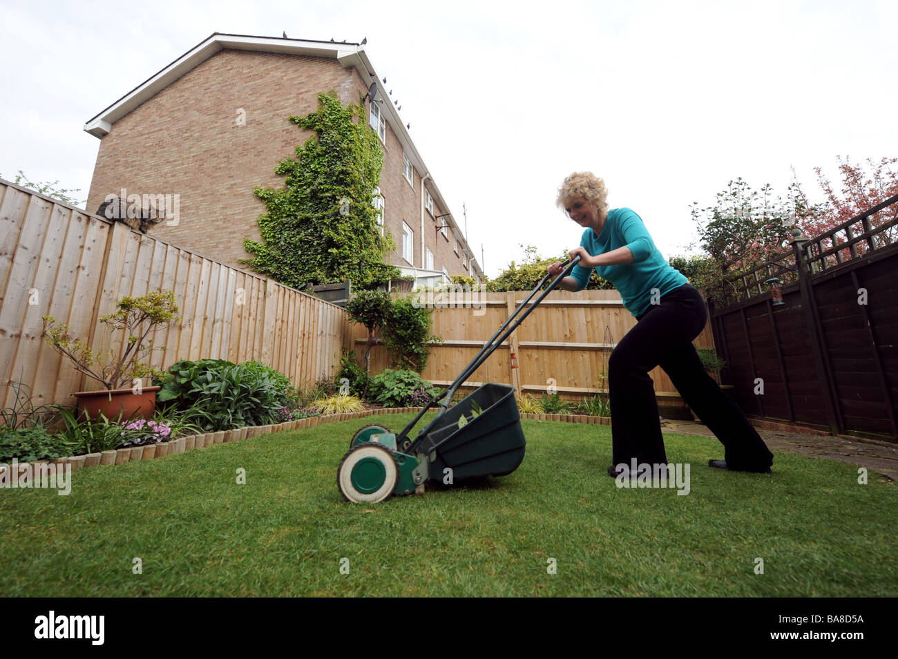 Woman Mowing The Grass Lawn In Small Town Garden Stock Photo