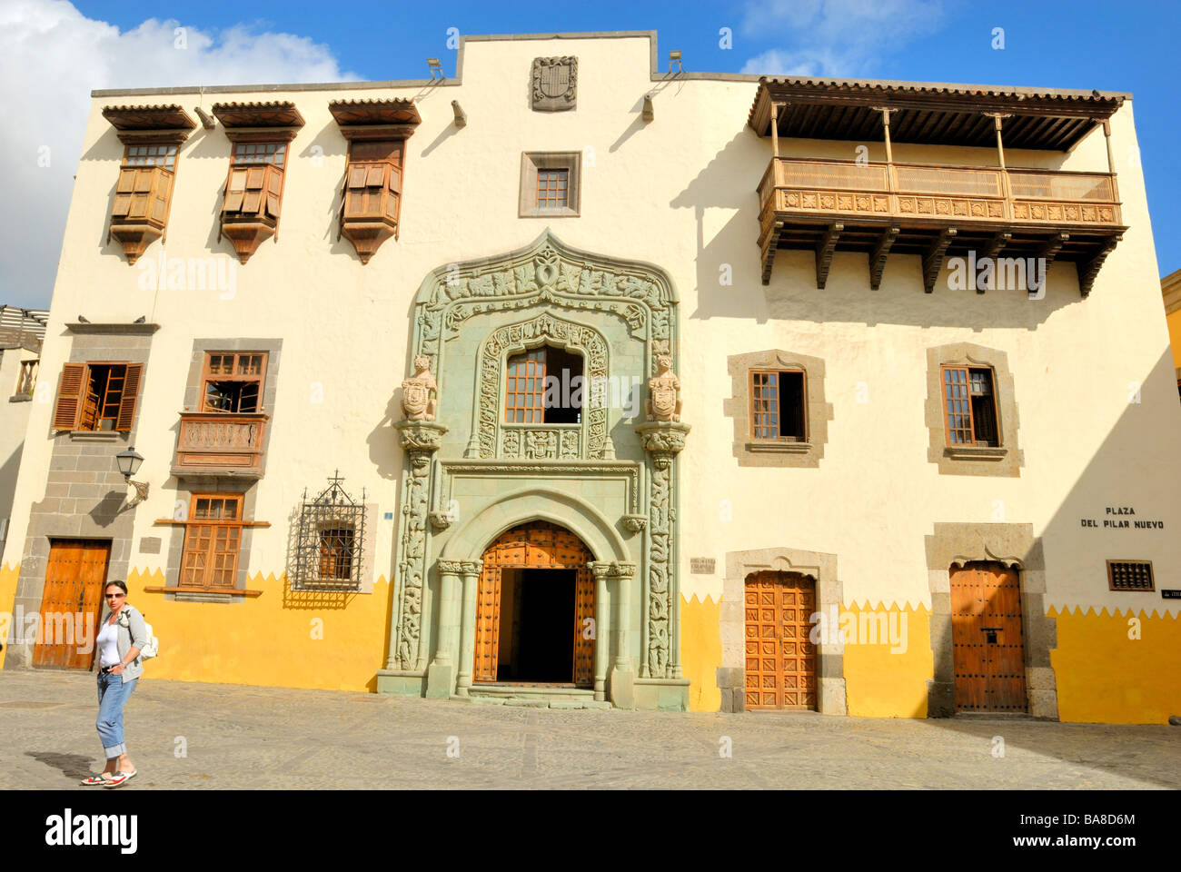 The Plaza del Pilar Nuevo and the Casa de Colon, the Columbus house in old and elegant district of Vegueta. Las Palmas, Gran Can Stock Photo