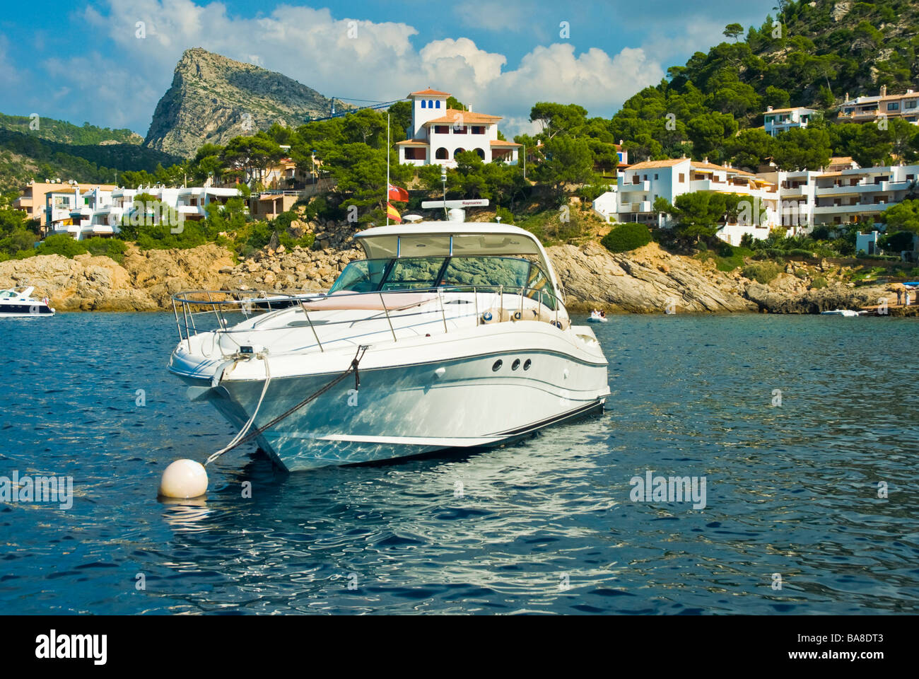Yacht anchoring in front of Sant Elm Majorca Baleares Spain | Yacht ankert vor Sant Elm Mallorca Balearen Spanien Stock Photo