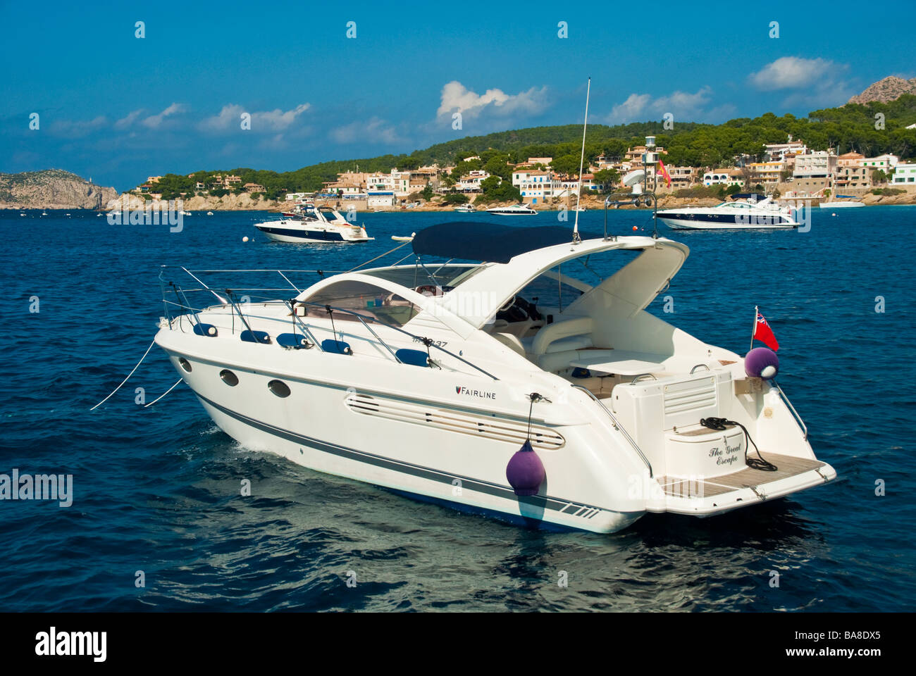Yachts anchoring in front of Sant Elm Majorca Baleares Spain Yachten ankern vor Sant Elm Mallorca Balearen Spanien Stock Photo