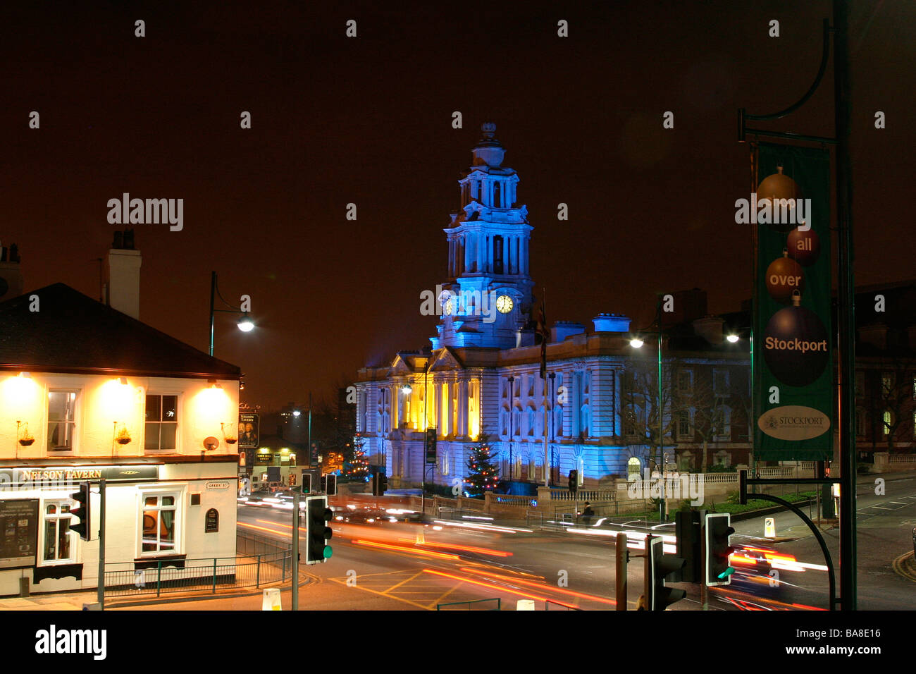 England Cheshire Stockport Wellington Road South and Town Hall at night