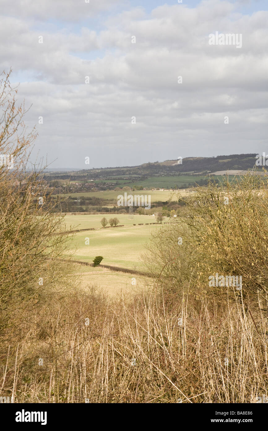 view over Aylesbury Vale towards Whiteleaf Cross from Lodge Hill, Bledlow, Buckinghamshire Stock Photo