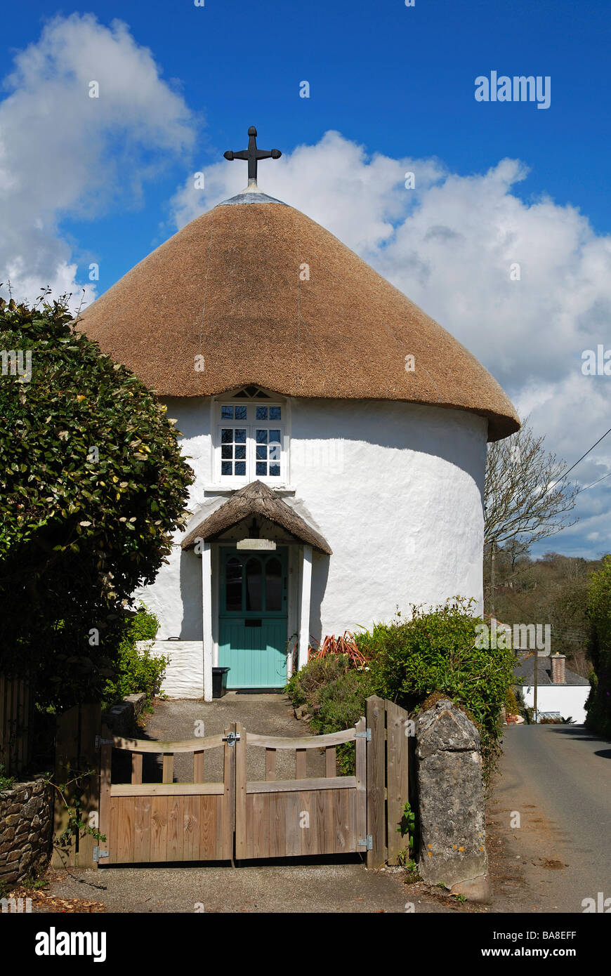 one of the roundhouses at the entrance to the cornish village of veryan,cornwall,uk Stock Photo