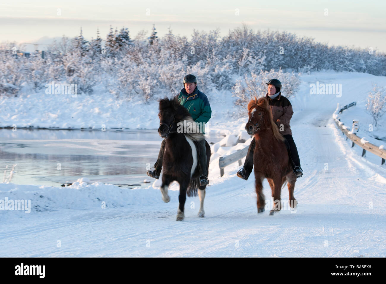 People riding horses at Ellidavatn Iceland in 15 C Stock Photo