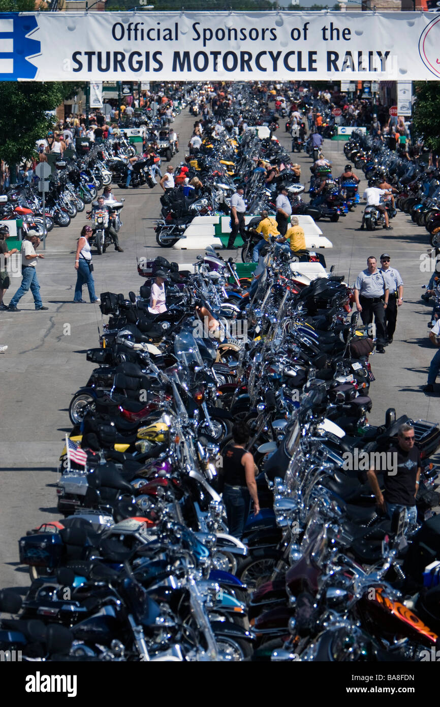 Parked motorcycles line street annual Sturgis Rally South Dakota USA Stock Photo