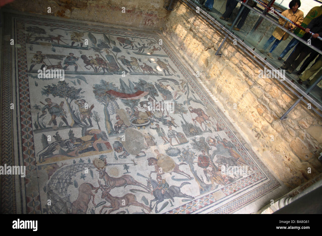 Mosaic of little hunt in Villa del Casale, Piazza Armerina, Sicily, Italy Stock Photo