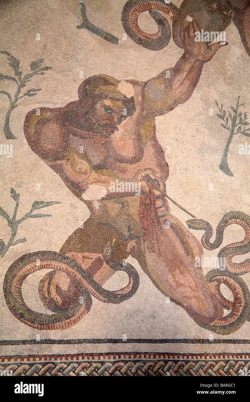 Battle of giants mosaic in Villa del Casale, Piazza Armerina, Sicily, Italy Stock Photo