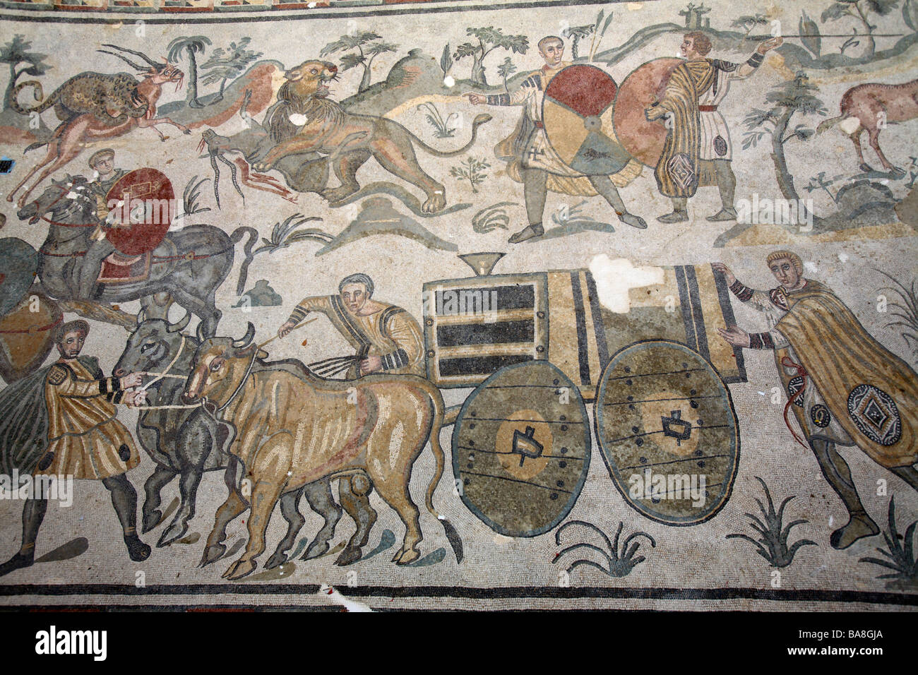 Roman Mosaics of Ox Cart in Villa del Casale, Piazza Armerina, Sicily, Italy Stock Photo