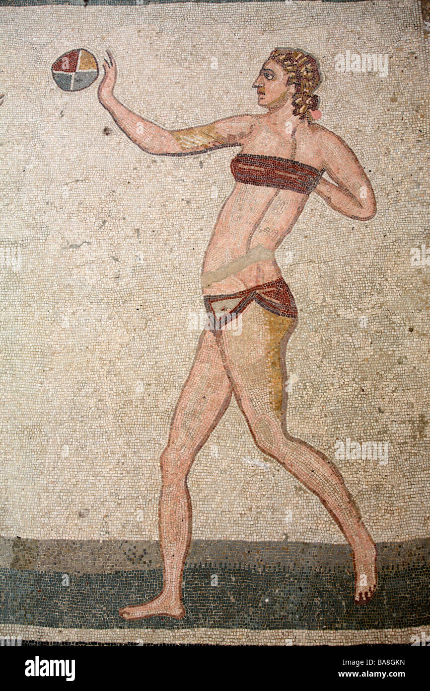 Bikini girl Mosaic in Villa del Casale, Piazza Armerina, Sicily, Italy Stock Photo