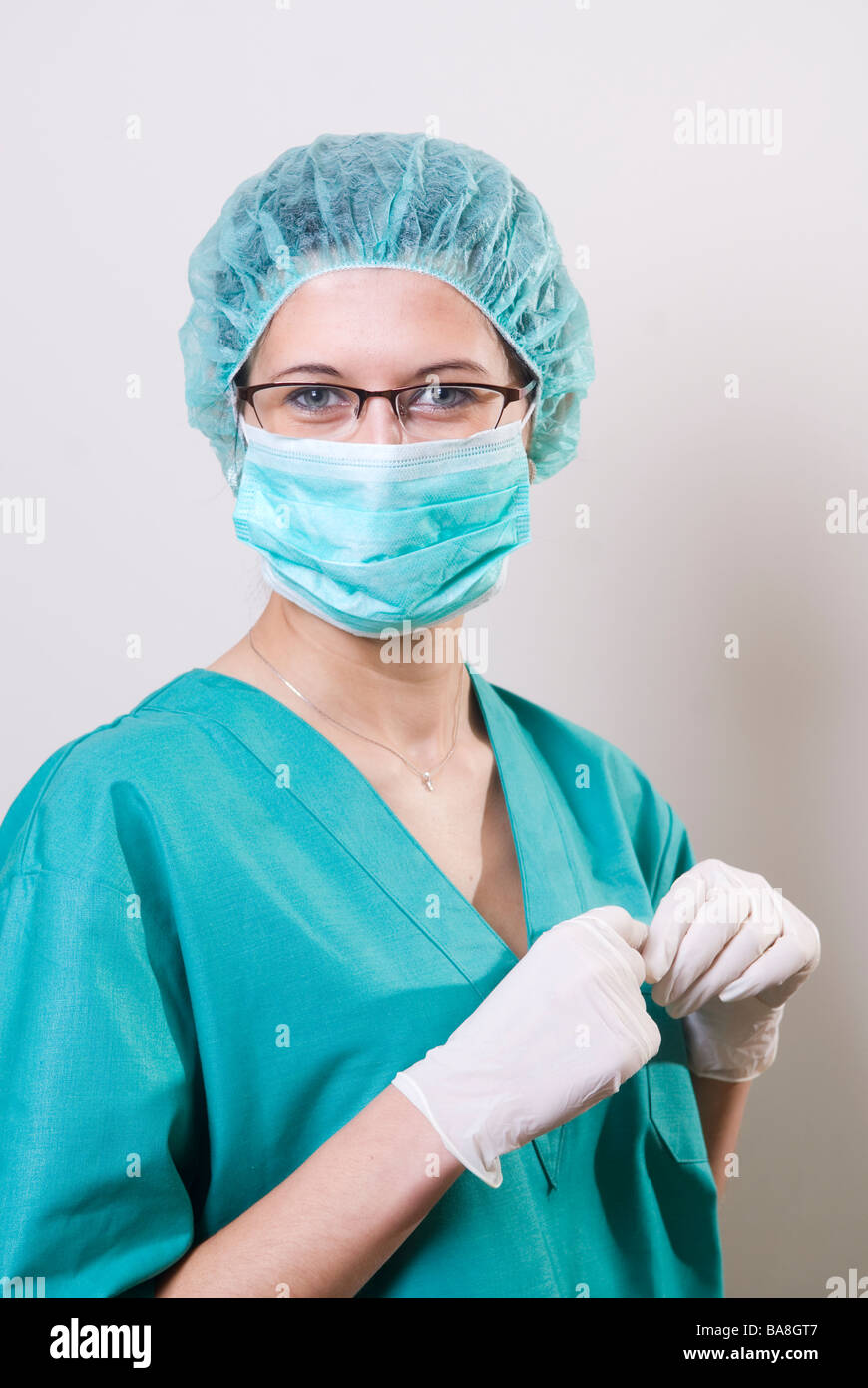 Nurse in green scrubs Stock Photo
