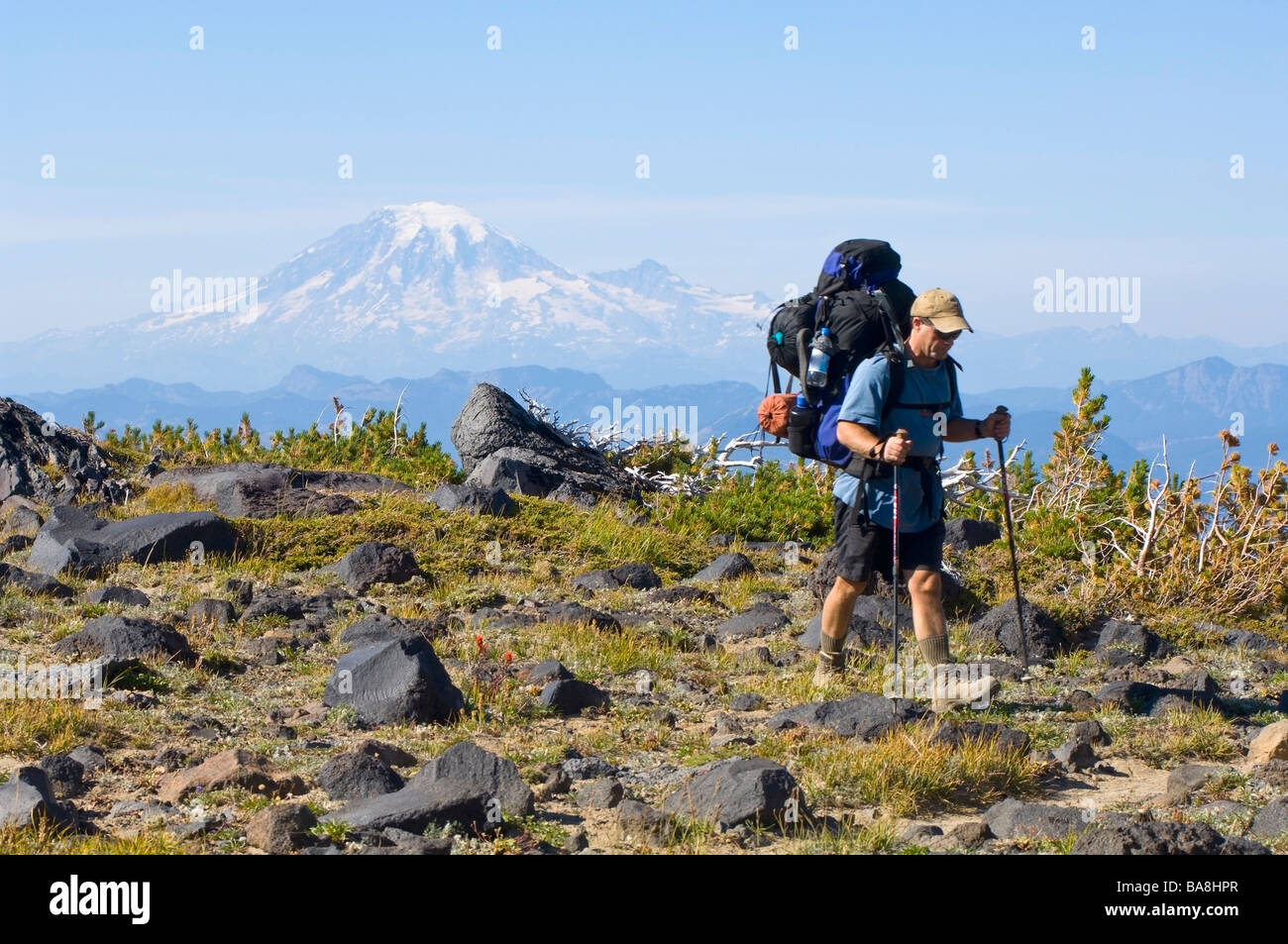 Mount Adams Wilderness Washington State USA; Backpacker in front of ...