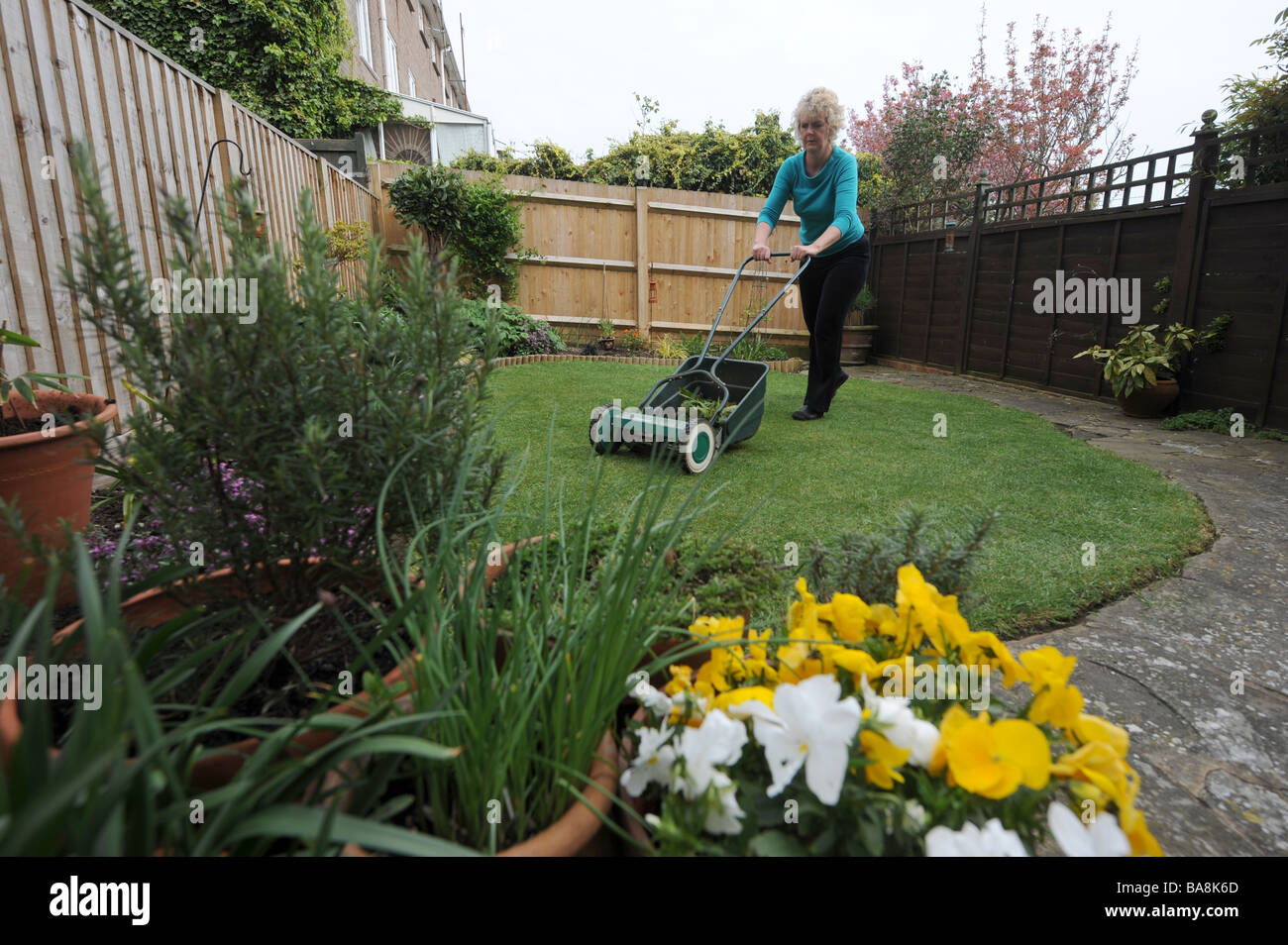 Woman Mowing The Grass Lawn In Small Town Garden Stock Photo