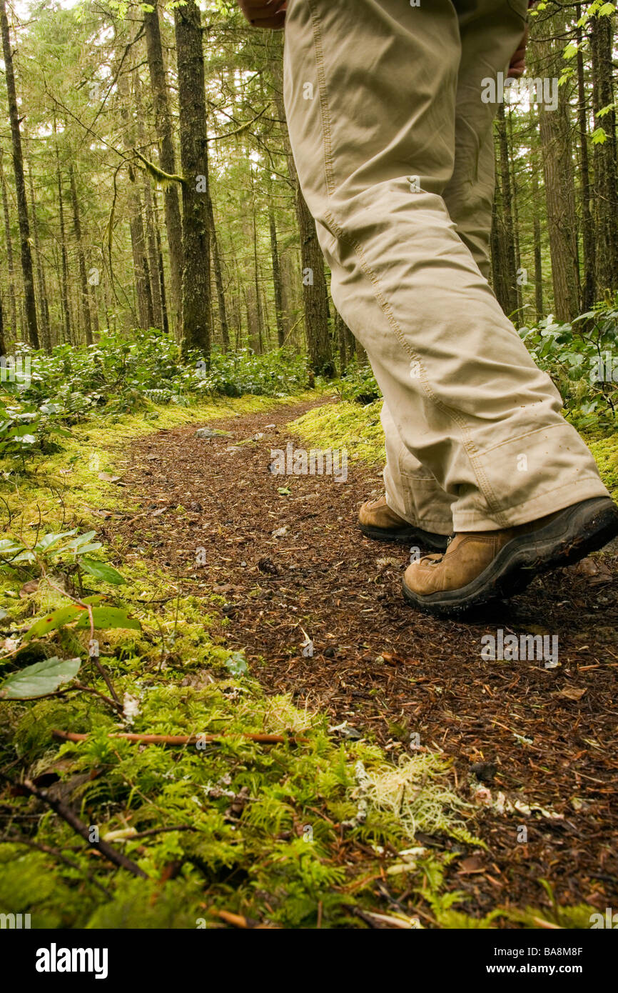 Hiker on trail low angle - Federation Forest State Park, Washington Stock Photo