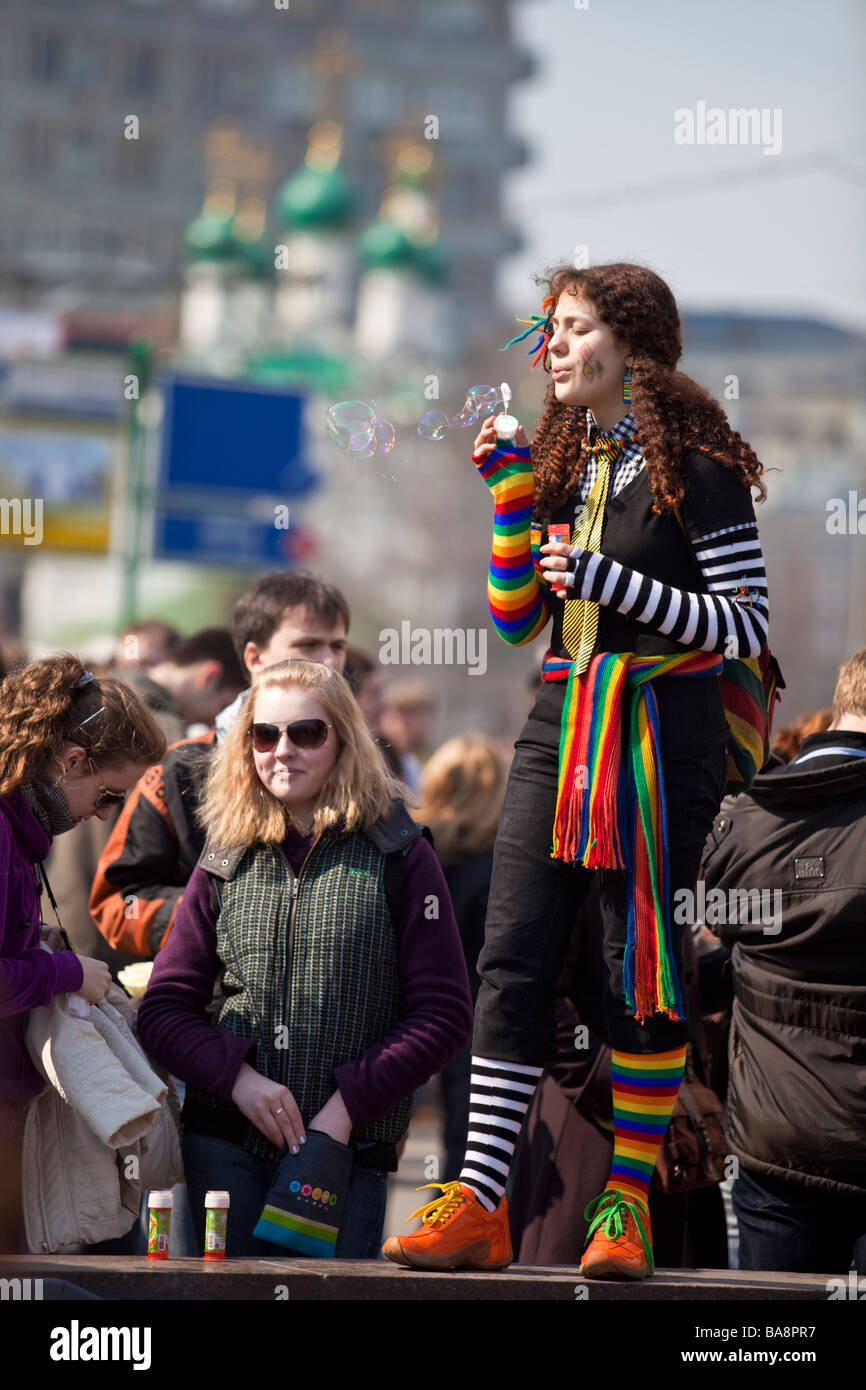 Russian youth playing on sunday on Arbat street the famous artists street in Moscow , Russia Stock Photo