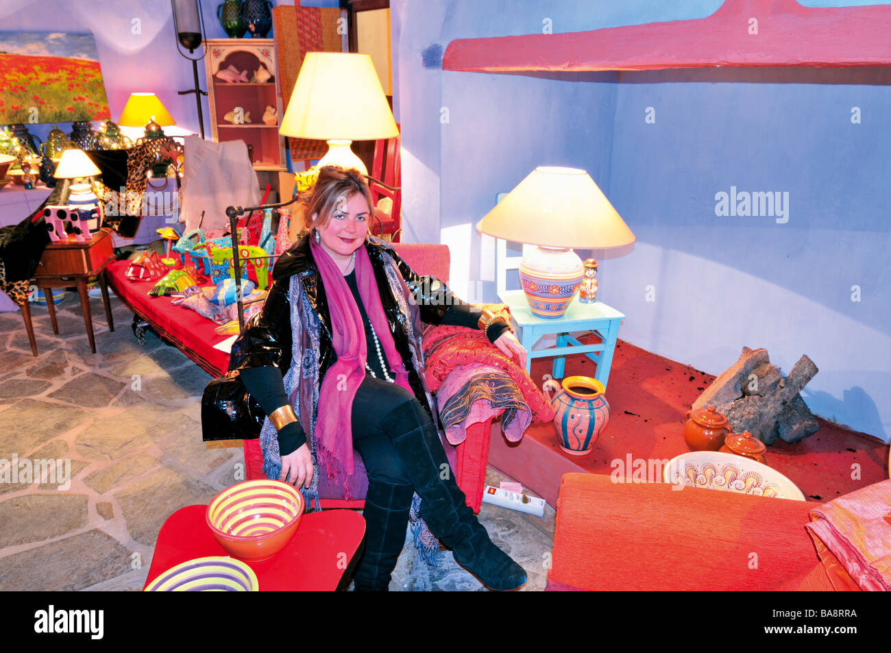 Toula Vlahakis in her shop “Francis and Toula” in the historical village Monsaraz Stock Photo