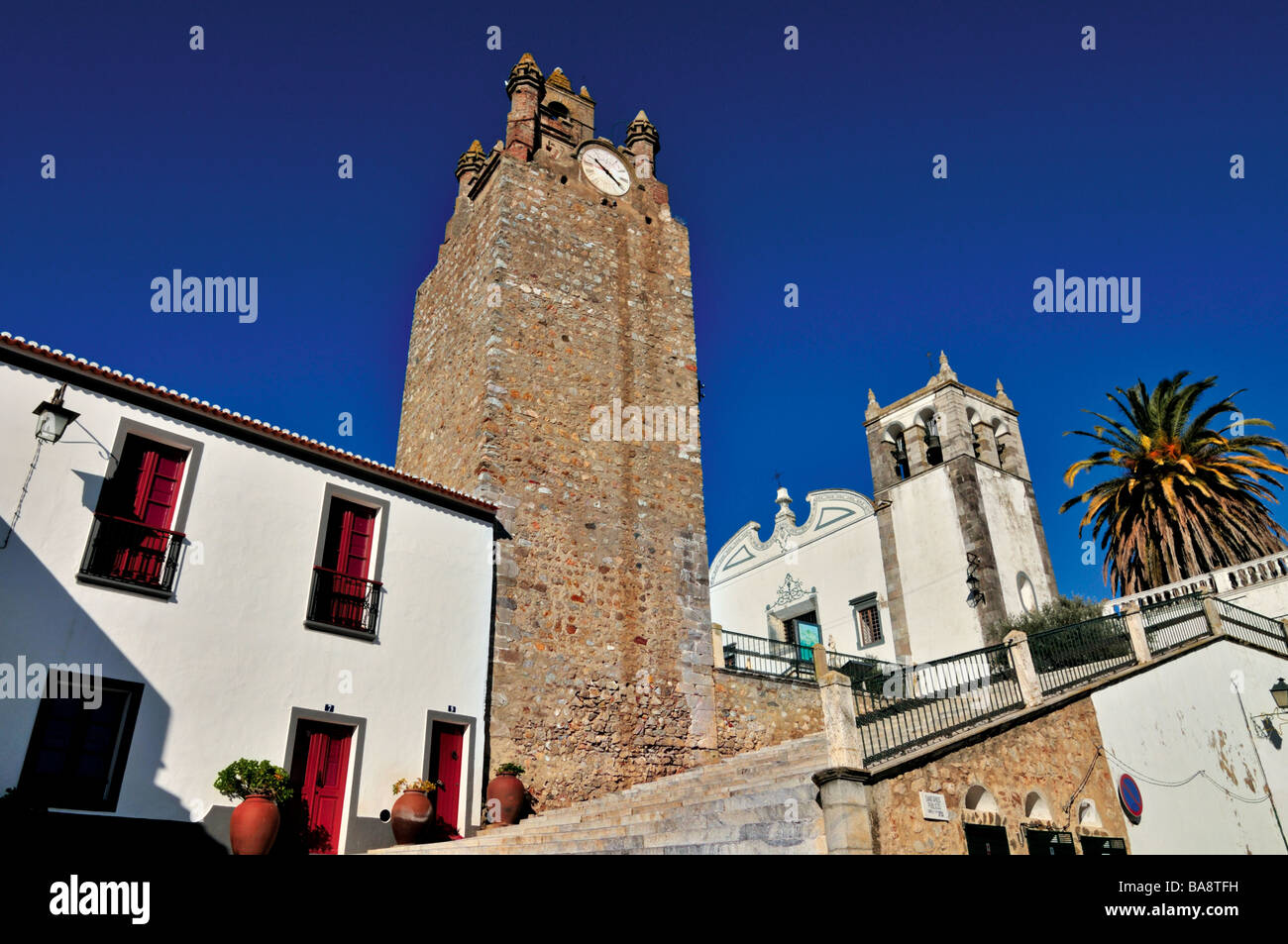 Watch tower and church in the historical centre of Serpa in the Alentejo Stock Photo