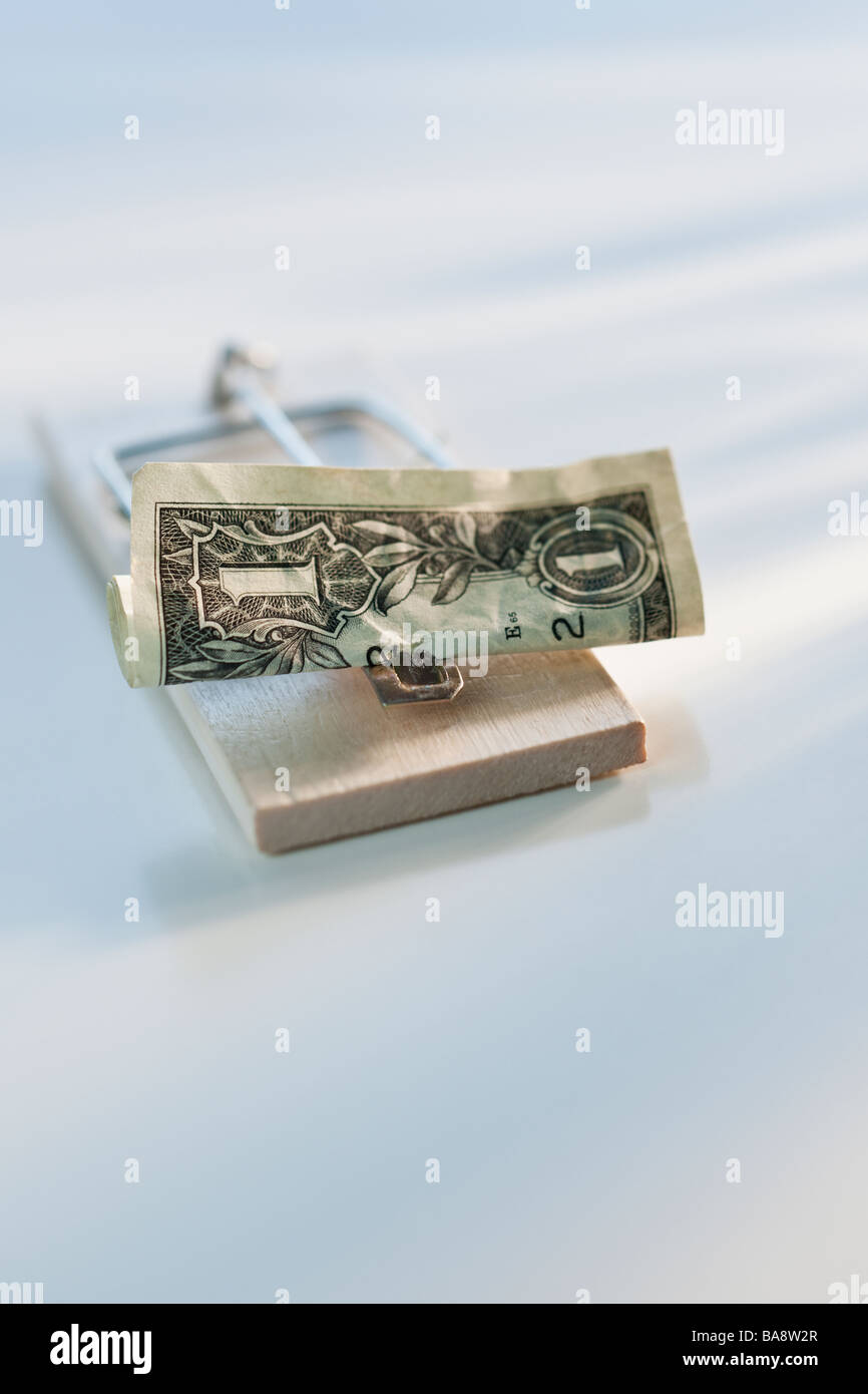 Dollar bill on mouse trap Stock Photo