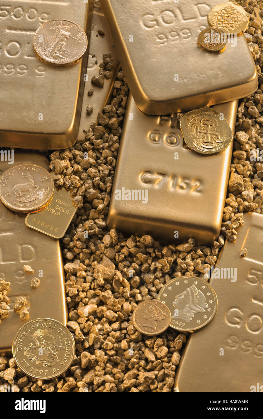 Gold blocks, coins and nuggets Stock Photo