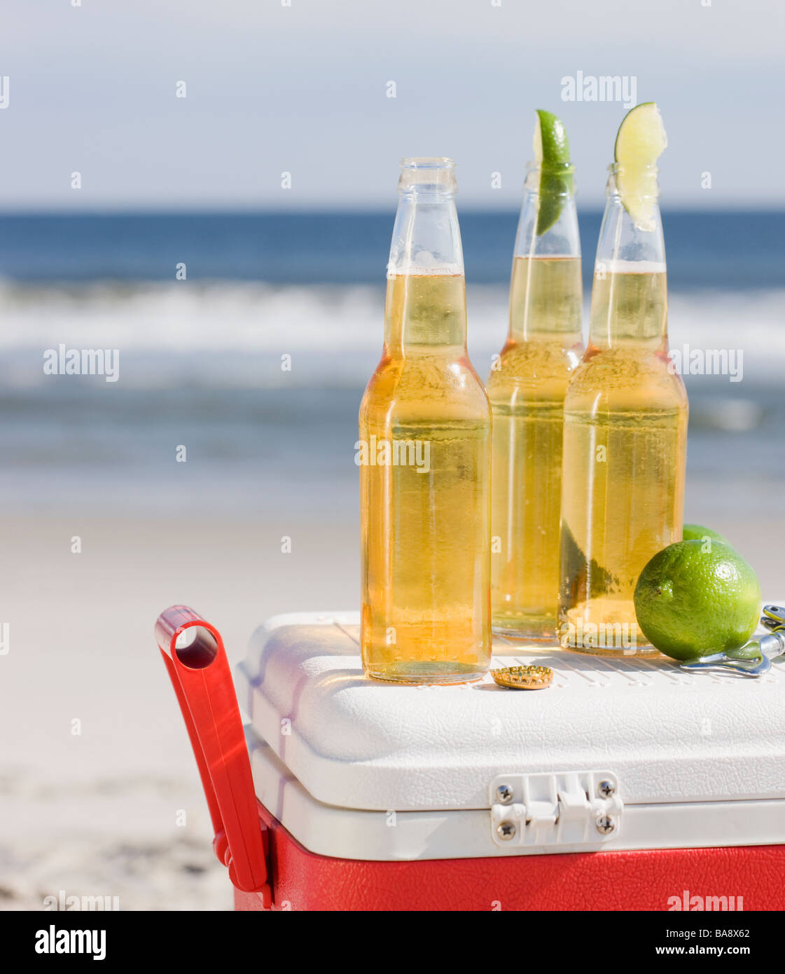 Beer and cooler on beach Stock Photo