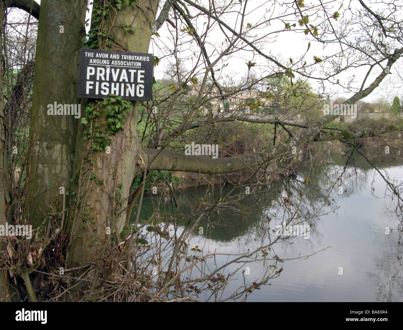 UK.Somerset. Signs for private fishing and angling on the Frome River.Photo Julio Etchart Stock Photo