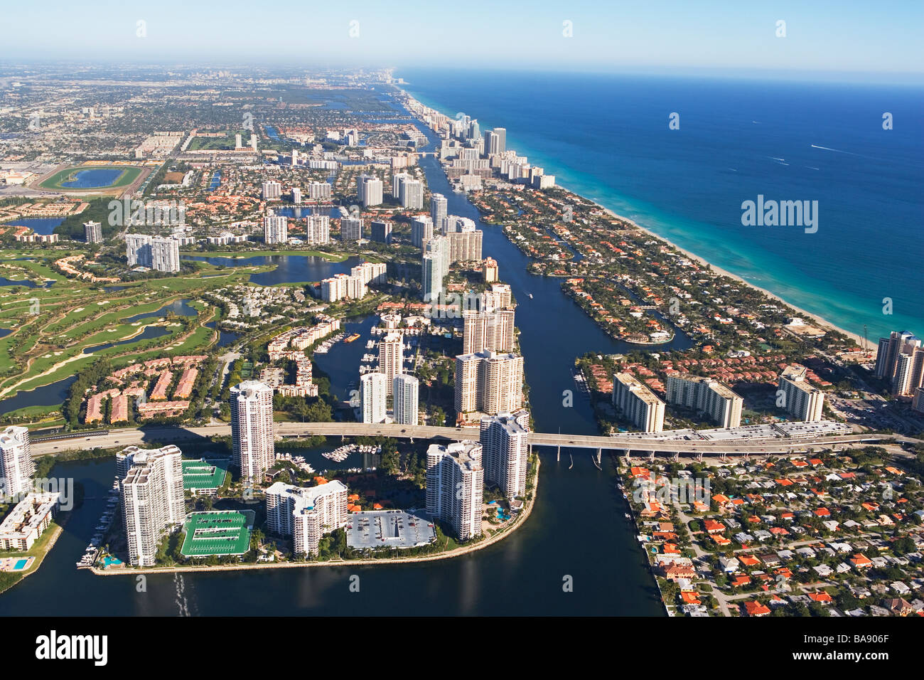 Aerial view of waterfront city Stock Photo